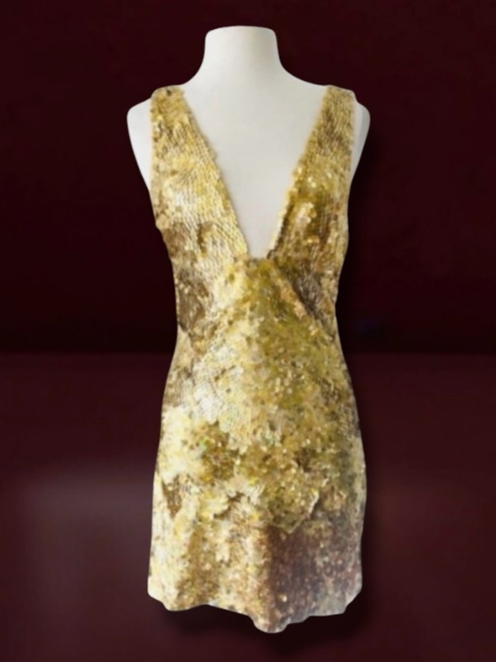 VTG PINKO GOLD SEQUIN MINI COCKTAIL PLUNGE NECKLINE DRESS SIZE 6